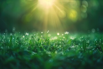 Beautiful morning sunlight illuminating dew-covered grass and flowers, capturing the essence of nature and tranquility.