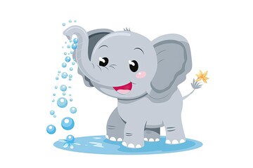 Cute cartoon baby elephant spraying water with its trunk in a playful manner, creating bubbles, on a white background.