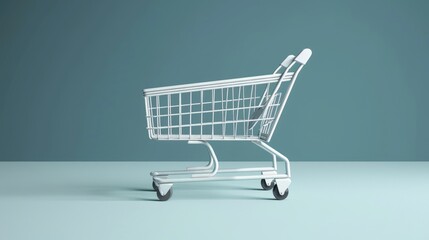 Minimalistic shopping cart against a blue background, representing concepts of retail, commerce, and consumerism.