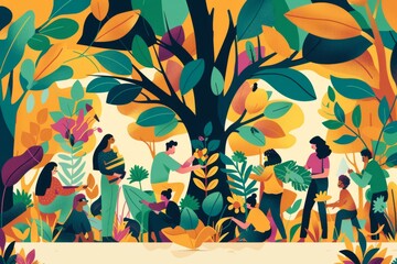 Naklejka premium A diverse group of people participates in a tree-planting event, working together to enhance the environment, the event symbolizes unity and ecological stewardship, do it together
