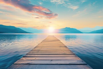 Fototapeta premium Peaceful dock extending into a lake with a stunning sunset background