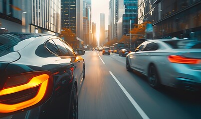 Driving Through City Streets at Sunset