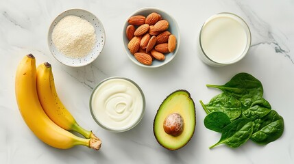 Ingredients for a healthy smoothie: banana, spinach, avocado, almonds, yogurt, protein powder, milk.