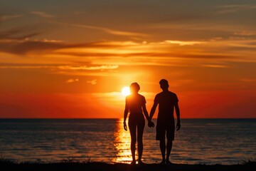 Two people holding hands with the sunset in front of them The silhouette is captured from behind, showing their backs as they hold each other's hands against an orange and yellow sky Generative AI