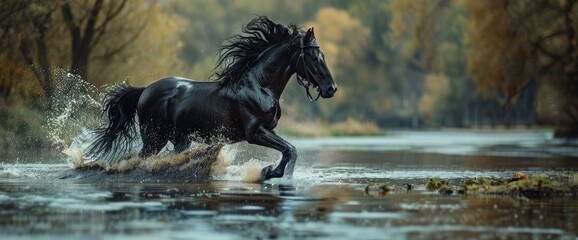 A Black Friesian Horse Running And Splashing In A River Or Lake,High Resolution, Ultra HD