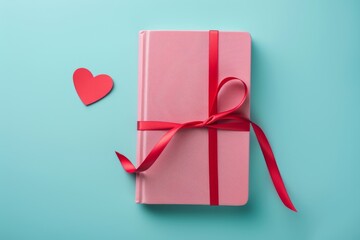 Pink gift-wrapped book with red ribbon and heart