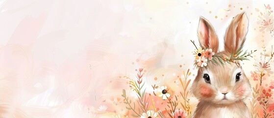 Watercolor baby bunny with a flower crown and plenty of copyspace on a pastel background