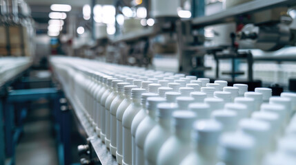 Obraz premium Industrial Scale Yogurt Production. Bottles Flowing on Assembly Line
