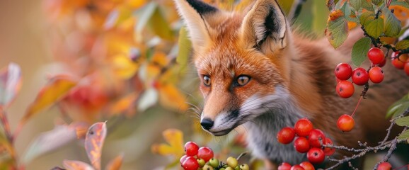 Fototapeta premium A Close-Up Of A Red Fox Cub Sniffing Sorbus Berries In Late Summer,High Resolution, Ultra HD
