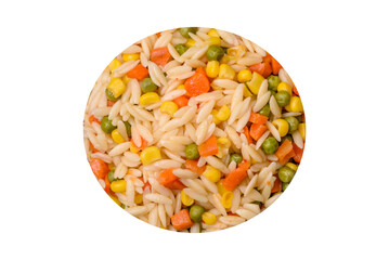 Delicious boiled rice with vegetables corn, carrots, peas with salt