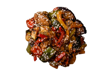 Spicy Asian dish with sliced meat fillet, hot pepper, carrots and sesame seeds