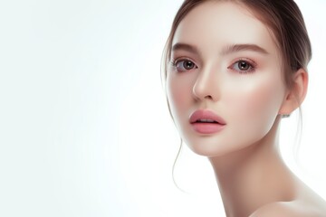 Fototapeta premium close up face portrait of young Asian pretty woman brown eyes with bright flawless clean clear skin, beauty cosmetic or skincare fashion portrait with copy space