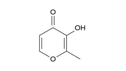 maltol molecule, structural chemical formula, ball-and-stick model, isolated image e636