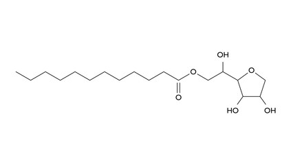 sorbitan monolaurate molecule, structural chemical formula, ball-and-stick model, isolated image e493