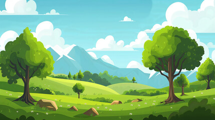 Naklejka premium Lush green valley opening up to majestic mountains under a cloudy sky
