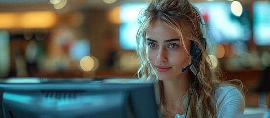 Customer Service Representative with Headset Focused on Computer Screen