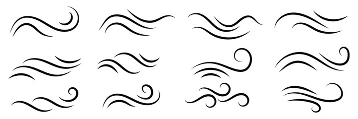 Set of wave shapes, wave formats, shapes, wave forms of water or wind flows. symbol shapes of wind and water waves flow on white background.