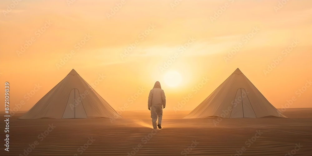 Poster futuristic nomad in desert with hightech shelters symbolizing resilience and adaptability. concept f