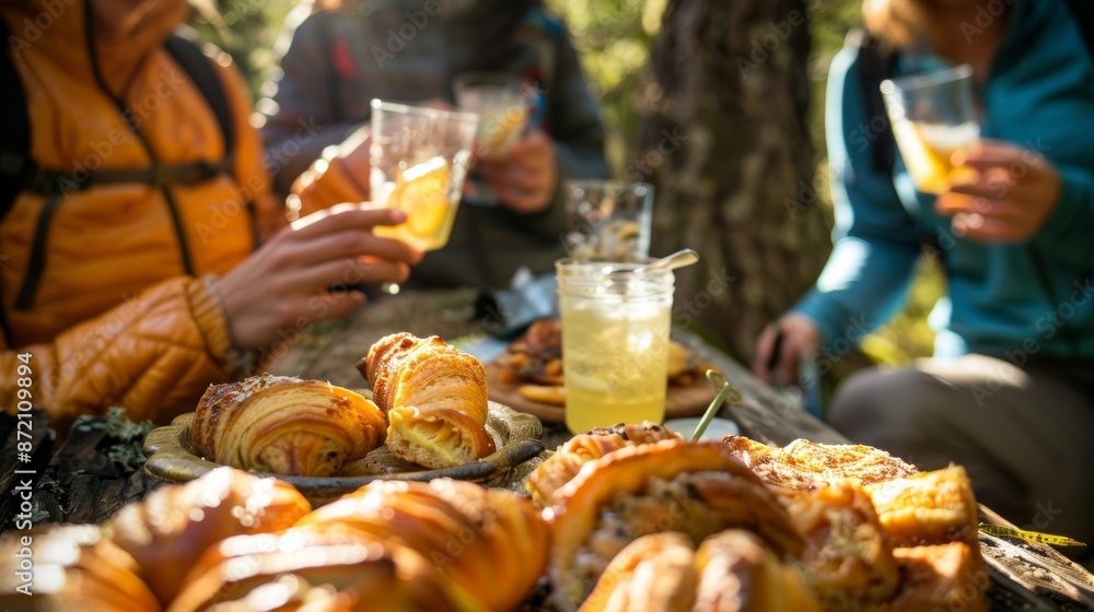 Poster a group of tourists takes a break from hiking to enjoy a selection of savory pastries washed down wi