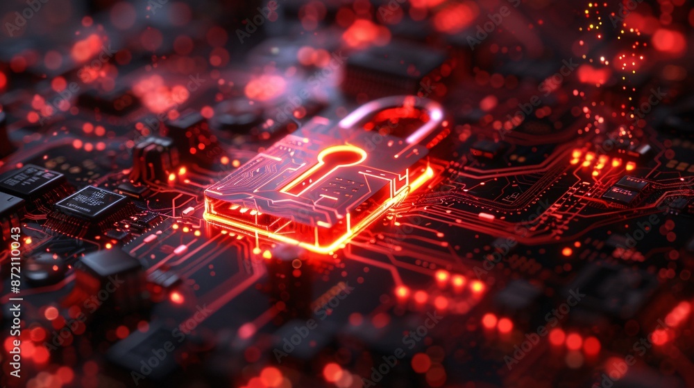 Aufkleber glowing red lock on circuit board representing cybersecurity and data protection in a digital world