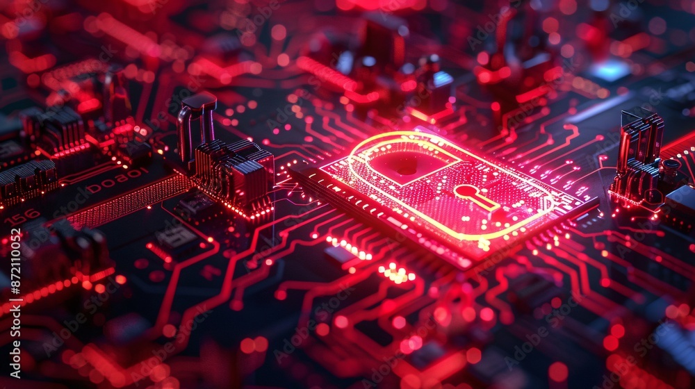 Aufkleber futuristic cybersecurity concept with glowing red lock symbol on circuit board representing data pro
