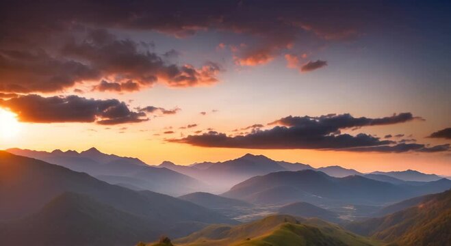 Sunrise over the mountains in cloudy sky Virtual cinematic video scene animated background 4k animationSunrise over the mountains in cloudy sky Virtual cinematic video scene animated background 4k ani