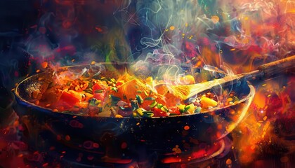 A sizzling pan of colorful vegetables being stir-fried on high heat, creating a vibrant and smoky culinary scene.