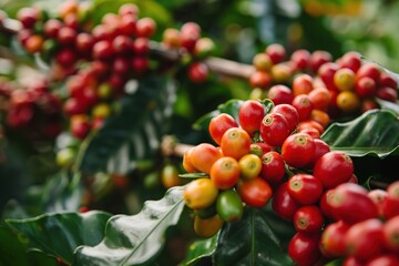 Obraz premium Ripe coffee cherries on lush bush