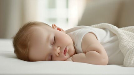 A peaceful baby sleeping on a white bed, wrapped in a soft blanket, with natural light filtering through a window in the background.