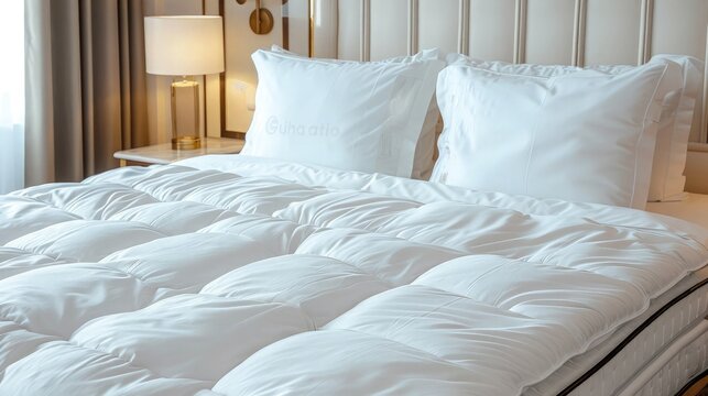 Pillows on a large king-size bed. Concept on preparation of the bed in a hotel room or at home.