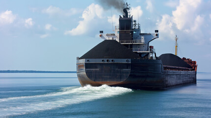 Fototapeta premium Large cargo ship transporting coal across a calm sea under a partly cloudy sky