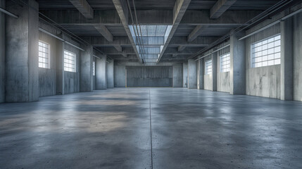 Spacious modern warehouse interior with concrete floors, large windows, and a grid ceiling, illuminated by natural light..