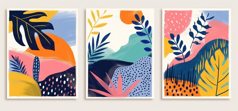 plant and flower with free shape creative artwork picture frame collection set , vibrant colorful contemporary flat design grungy minimalist style home wall hanging decor, mockup idea