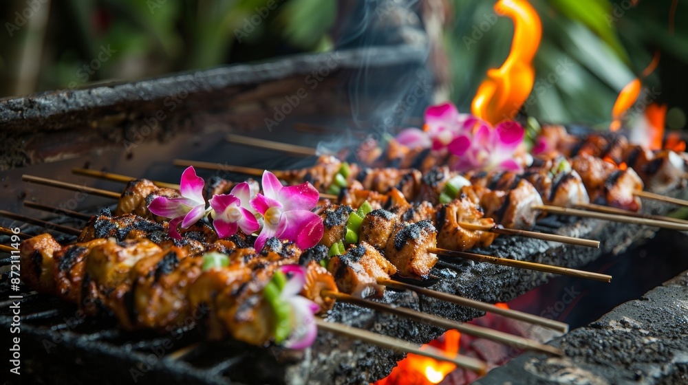 Poster a of wild orchids add a pop of color to a dish of fish skewers grilled to perfection over an open fl