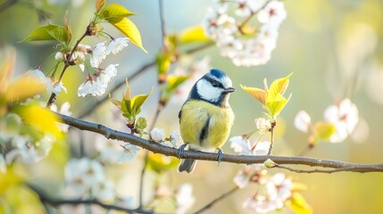 Fototapeta premium Blue Tit Perched on a Branch with Spring Blossoms