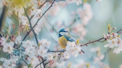 Obraz premium A Blue Tit Perched Among Delicate Cherry Blossoms