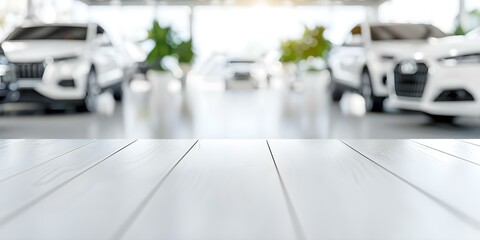 Obraz premium Blurry car dealership background with empty table car shopping concept. Concept Car dealership, Blurry background, Empty table, Car shopping, Concept