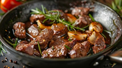 Fototapeta premium French cuisine. Saute beef with white wine and rosemary.