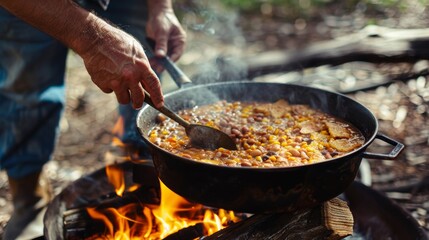 A man wearing a cowboy hat stirring a pot of piping hot beans and sctious cornbread over an open fire.