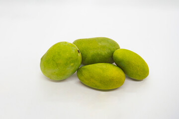 Mixed Fruits Isolated White Background Tropical Mangoes and Oranges Tangerine Cut Slices in Basket