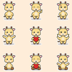 Cute Giraffe character different poses illustration. Cartoon character design. Flat Cartoon Style. Cute Animal Set.