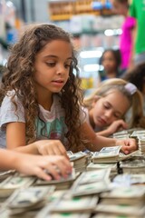 Fototapeta premium Young Girl Counts Stacks of Cash