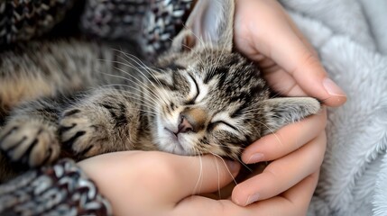 Petting a Kitten: Hands gently stroking the fur of a tiny kitten, with the kitten purring and nuzzling into the touch.
