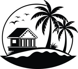 Tropical island and beach house silhouette  black and white