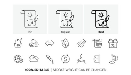 Dollar exchange, Creative painting and Ice cream line icons. Pack of Payment card, Medical drugs, Organic product icon. Cloudy weather, Discount offer, Sign out pictogram. Line icons. Vector
