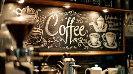 A cozy cafeteria chalkboard menu, with "Coffee" artistically written at the top.