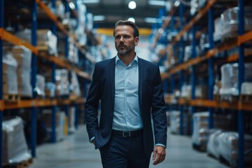 Fototapeta premium Businessman in a suit walking through an industrial warehouse, looking focused.