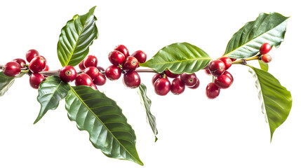 Fototapeta premium Red ripe coffee berries or cherries growing on small shrub bush twig with few leaves. Studio photo, transparent background.&nbsp;