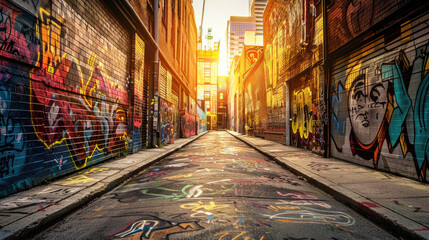 Naklejka premium Colorful Graffiti Adorning Walls of Urban Alleyway