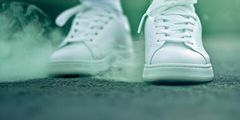 Tennis shoes emit green fumes from foot odor creating a foul smell. Concept Foul Odor, Footwear, Green Fumes, Tennis Shoes, Unpleasant Smell